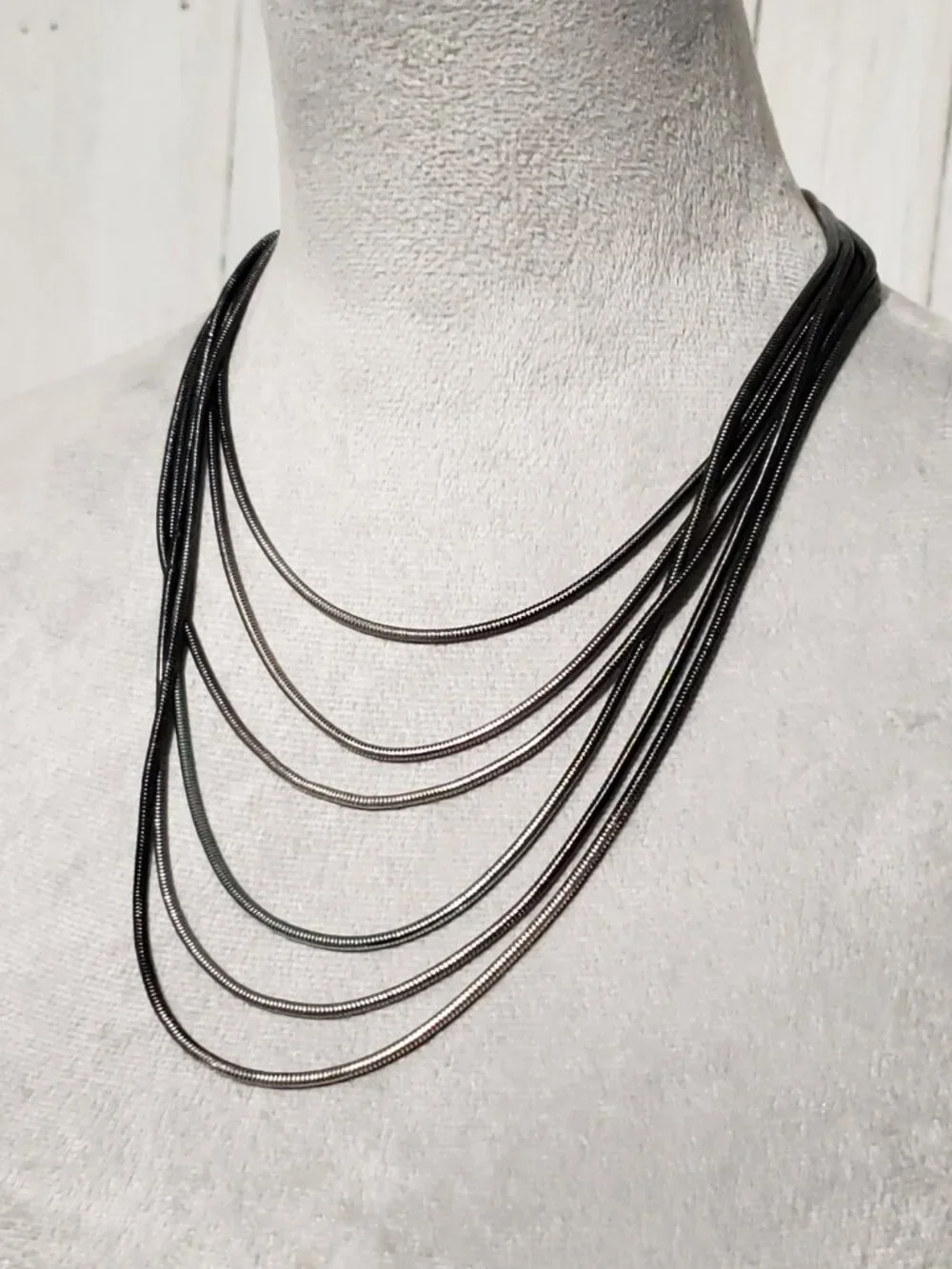 Gunmetal‎ Silver Snake Bib Layered Necklace Multi Strand Office Edgy Minimalist
